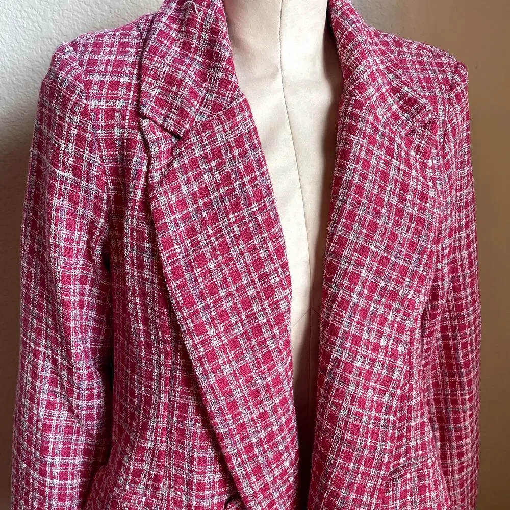 Fate Tweed Magenta Pink plaid Blazer womens Medium Jacket NEW barbie casual work
